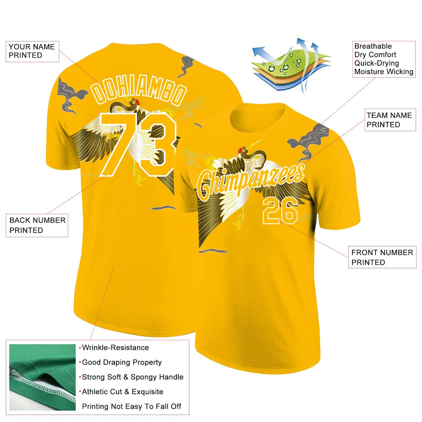 Custom Gold White 3D Pattern Design Animal Crane Performance T-Shirt view 2