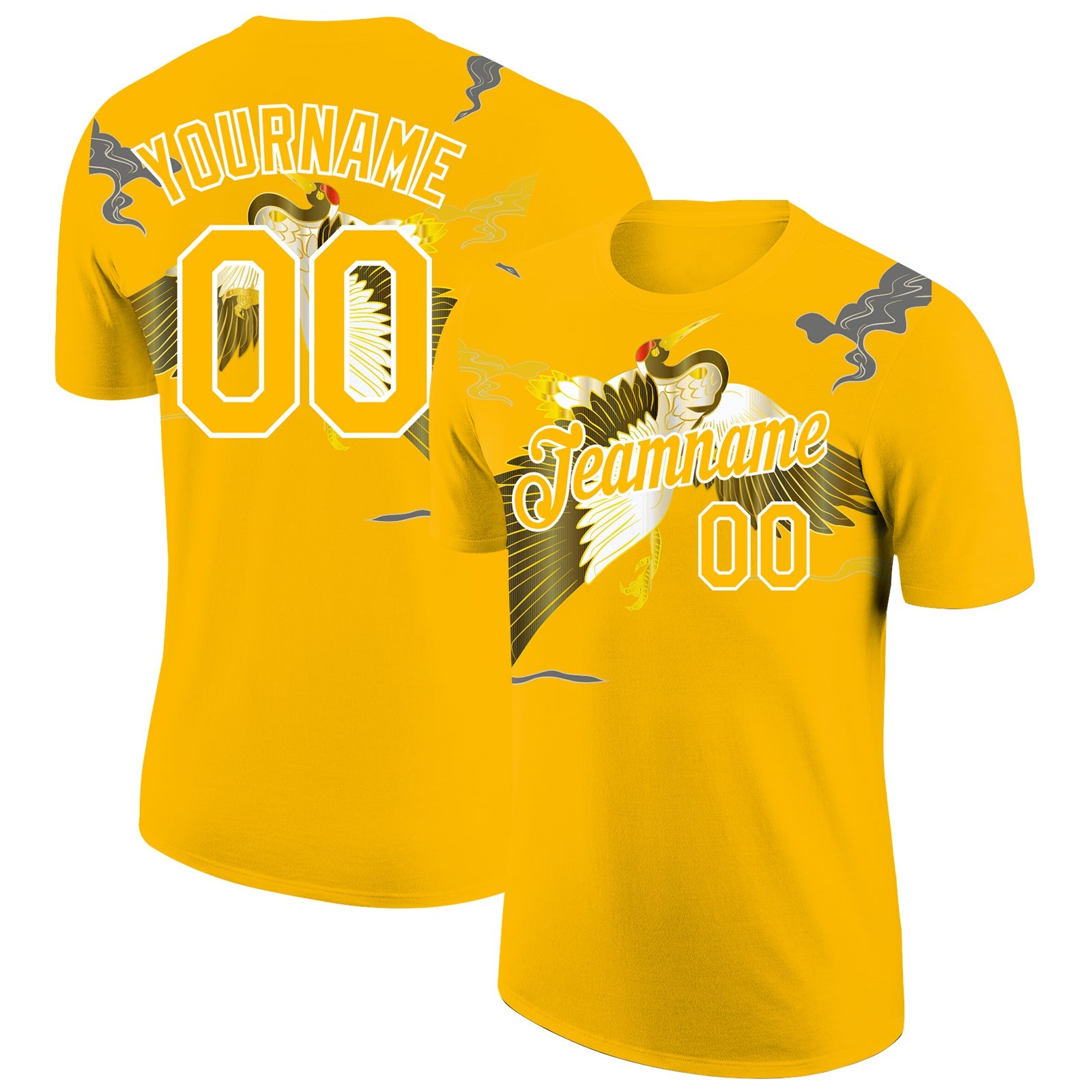Custom Gold White 3D Pattern Design Animal Crane Performance T-Shirt - Main View