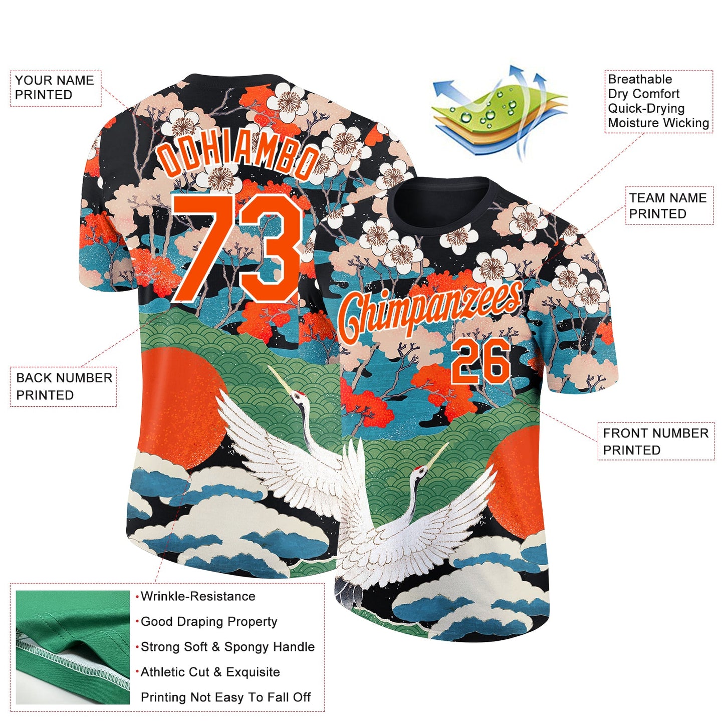 Custom Black Orange-White 3D Pattern Design Animal Crane Performance T-Shirt view 2