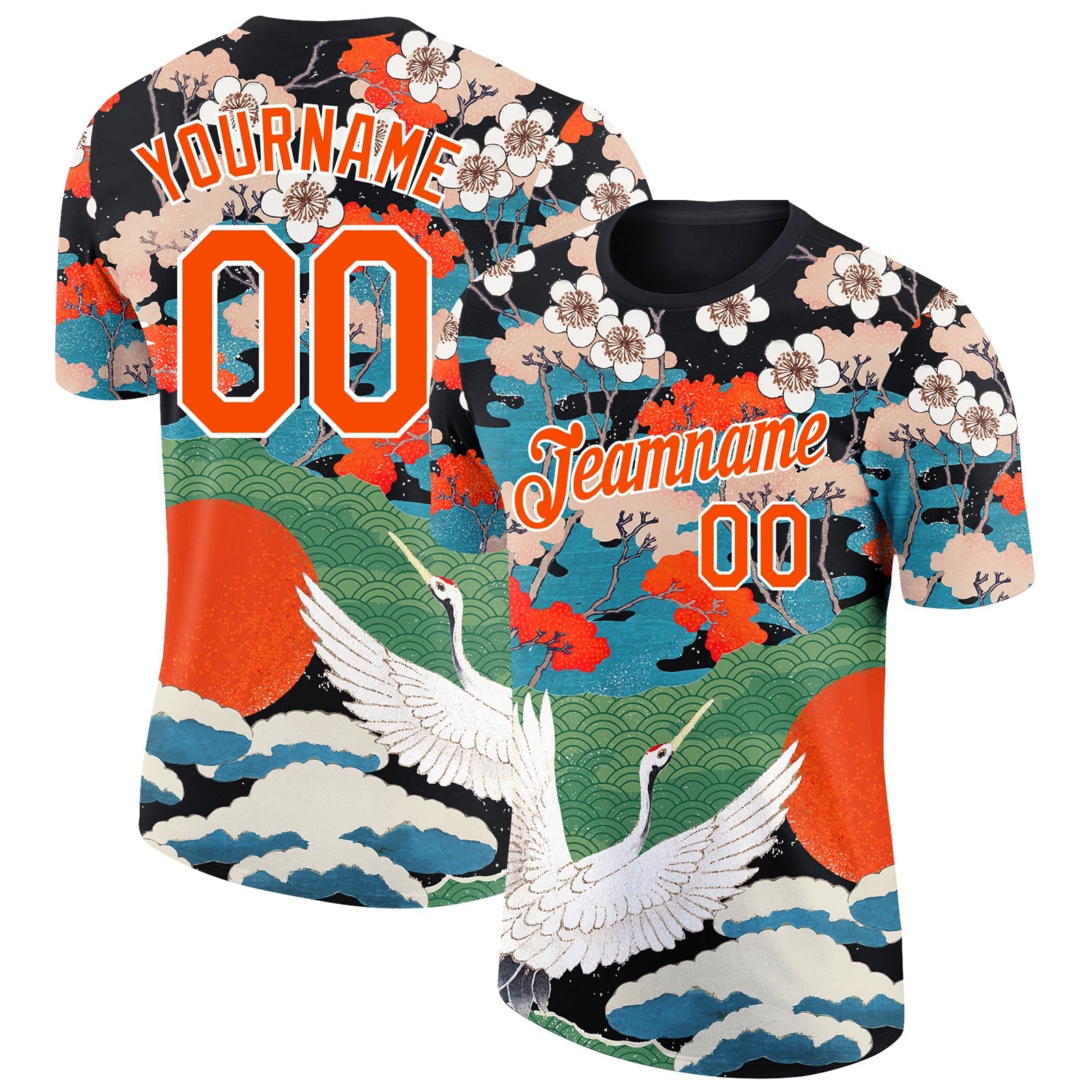 Custom Black Orange-White 3D Pattern Design Animal Crane Performance T-Shirt - Main View