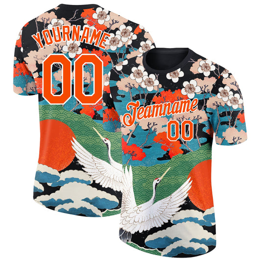 Custom Black Orange-White 3D Pattern Design Animal Crane Performance T-Shirt - Main View