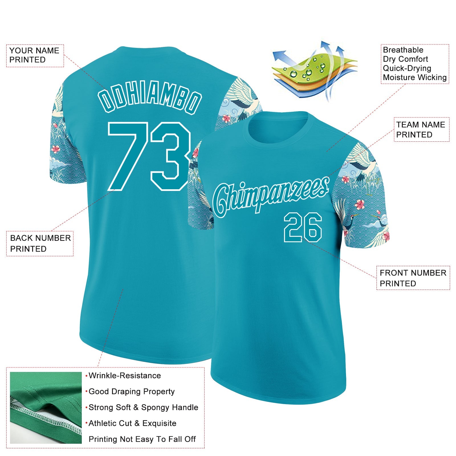 Custom Teal White 3D Pattern Design Animal Crane Performance T-Shirt view 2