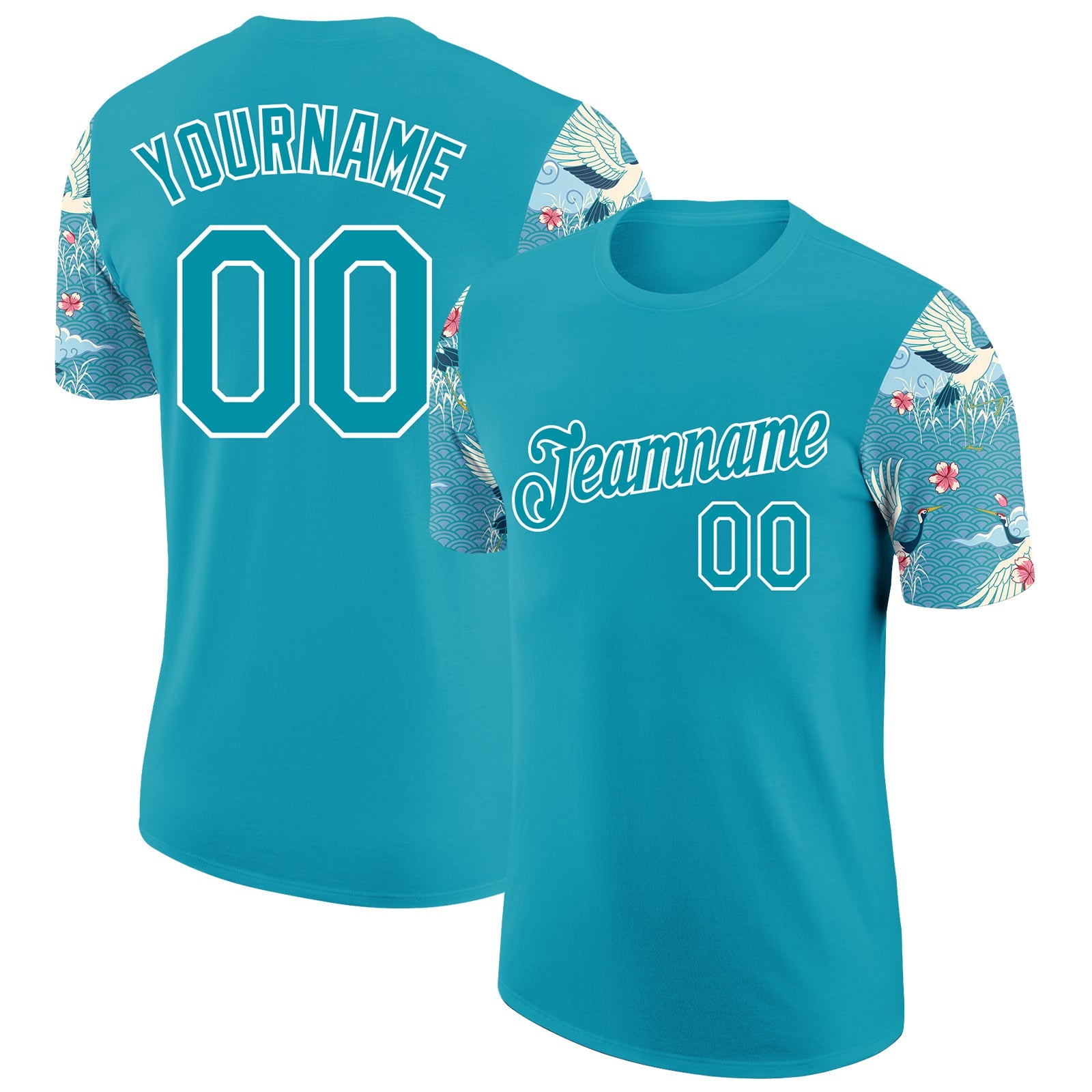 Custom Teal White 3D Pattern Design Animal Crane Performance T-Shirt - Main View