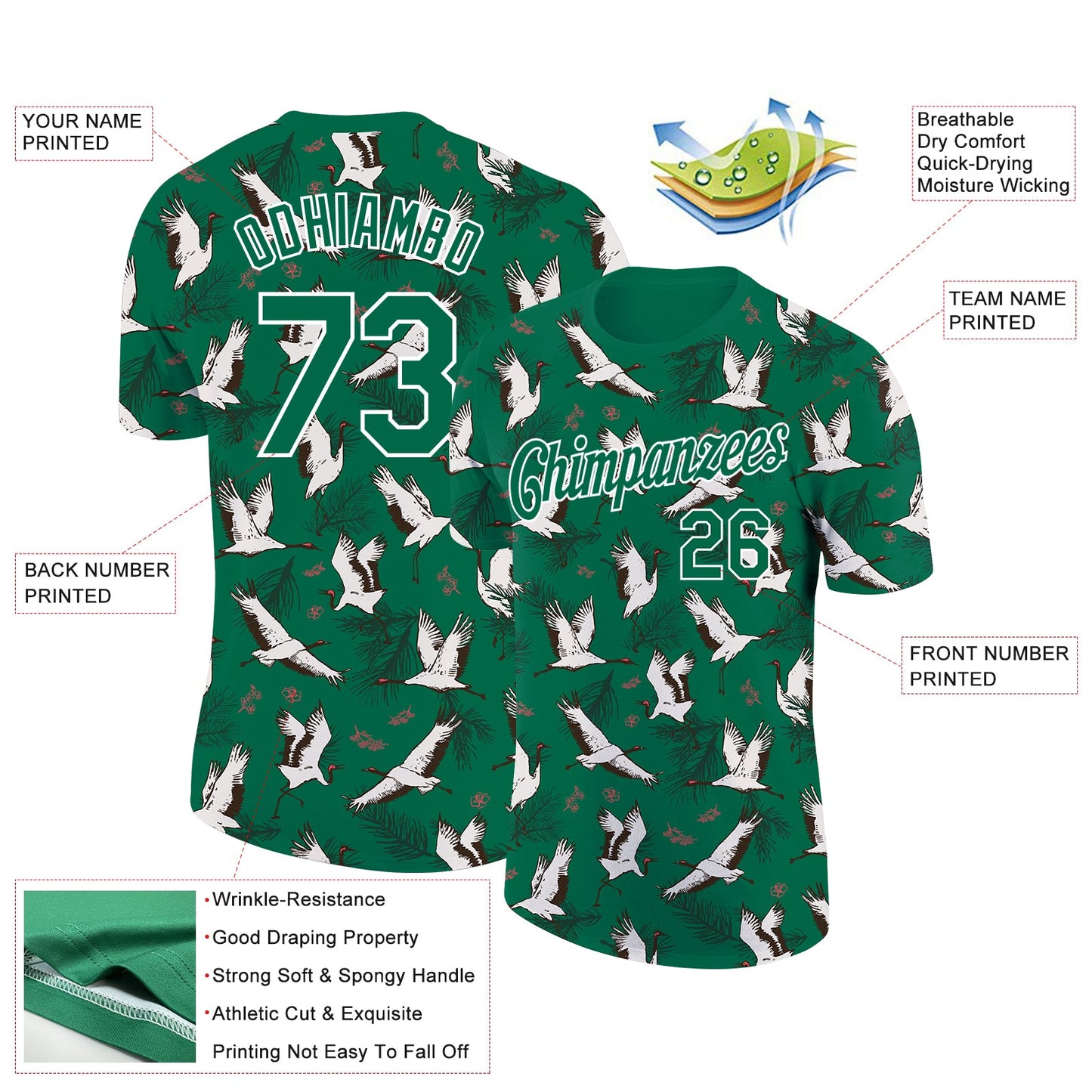 Custom Kelly Green White 3D Pattern Design Animal Crane Performance T-Shirt view 2