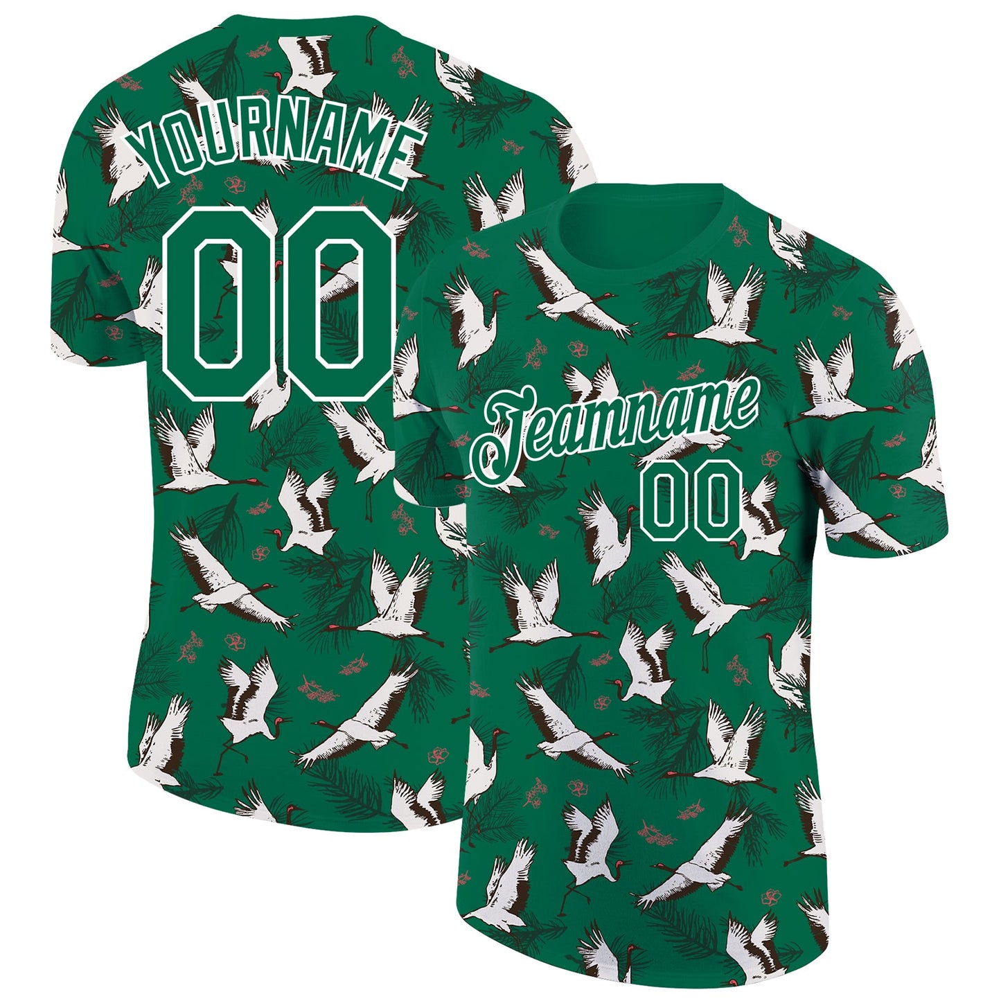 Custom Kelly Green White 3D Pattern Design Animal Crane Performance T-Shirt - Main View