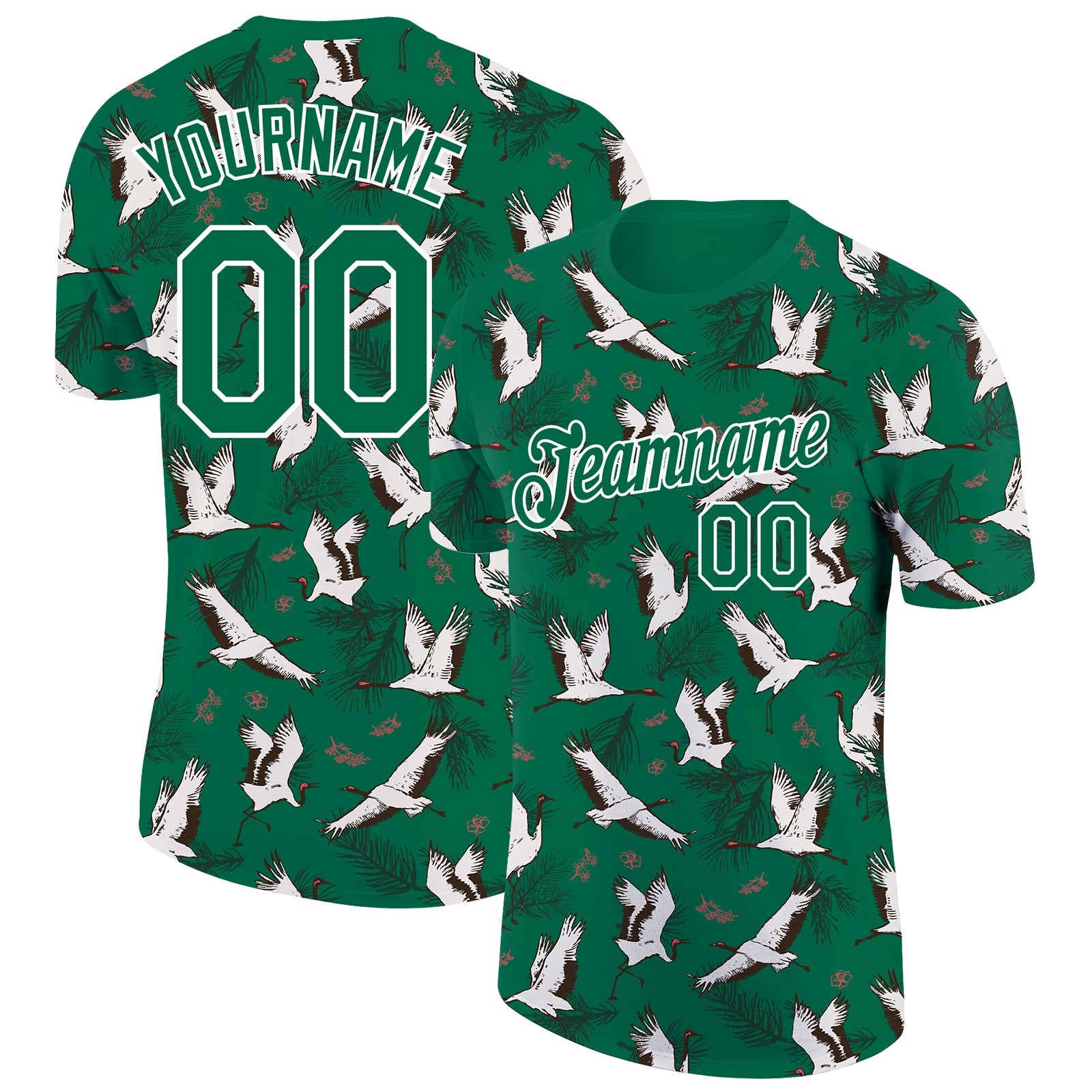 Custom Kelly Green White 3D Pattern Design Animal Crane Performance T-Shirt - Main View