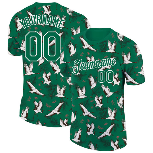 Custom Kelly Green White 3D Pattern Design Animal Crane Performance T-Shirt - Main View