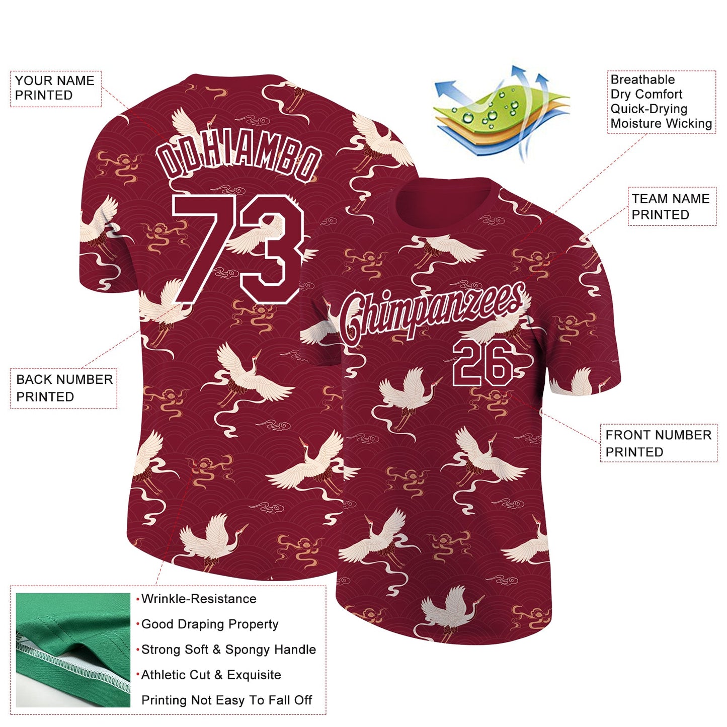 Custom Crimson White 3D Pattern Design Animal Crane Performance T-Shirt view 2