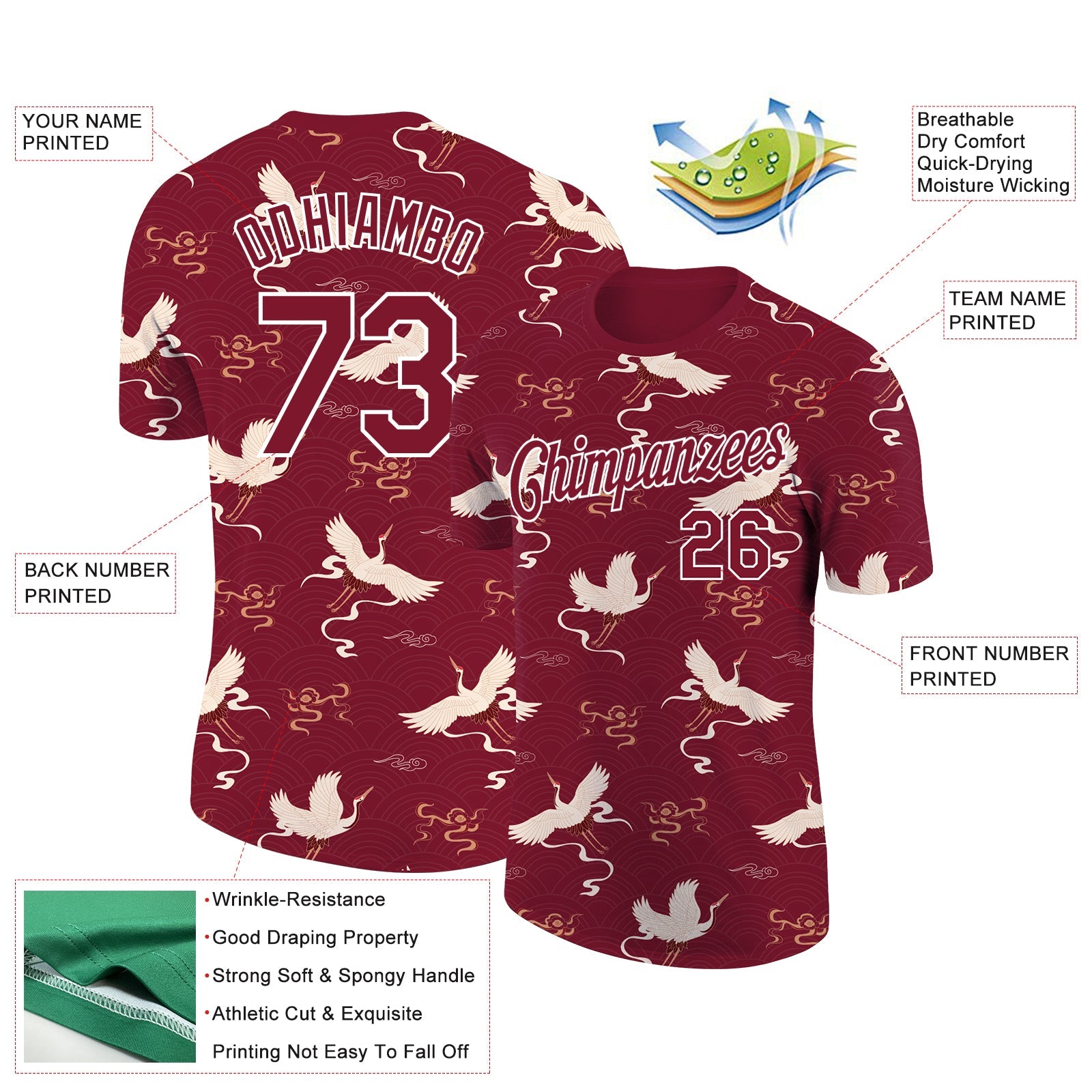 Custom Crimson White 3D Pattern Design Animal Crane Performance T-Shirt view 2