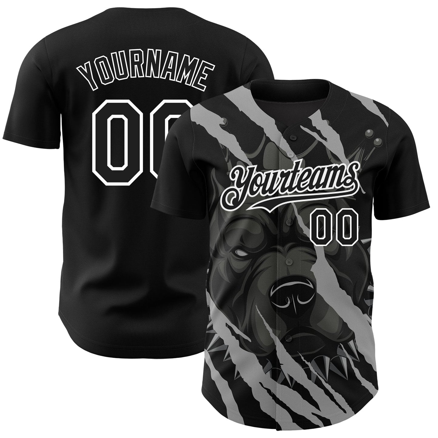 Custom Black White 3D Pattern Design Animal Pitbull Dog Authentic Baseball Jersey - Main View