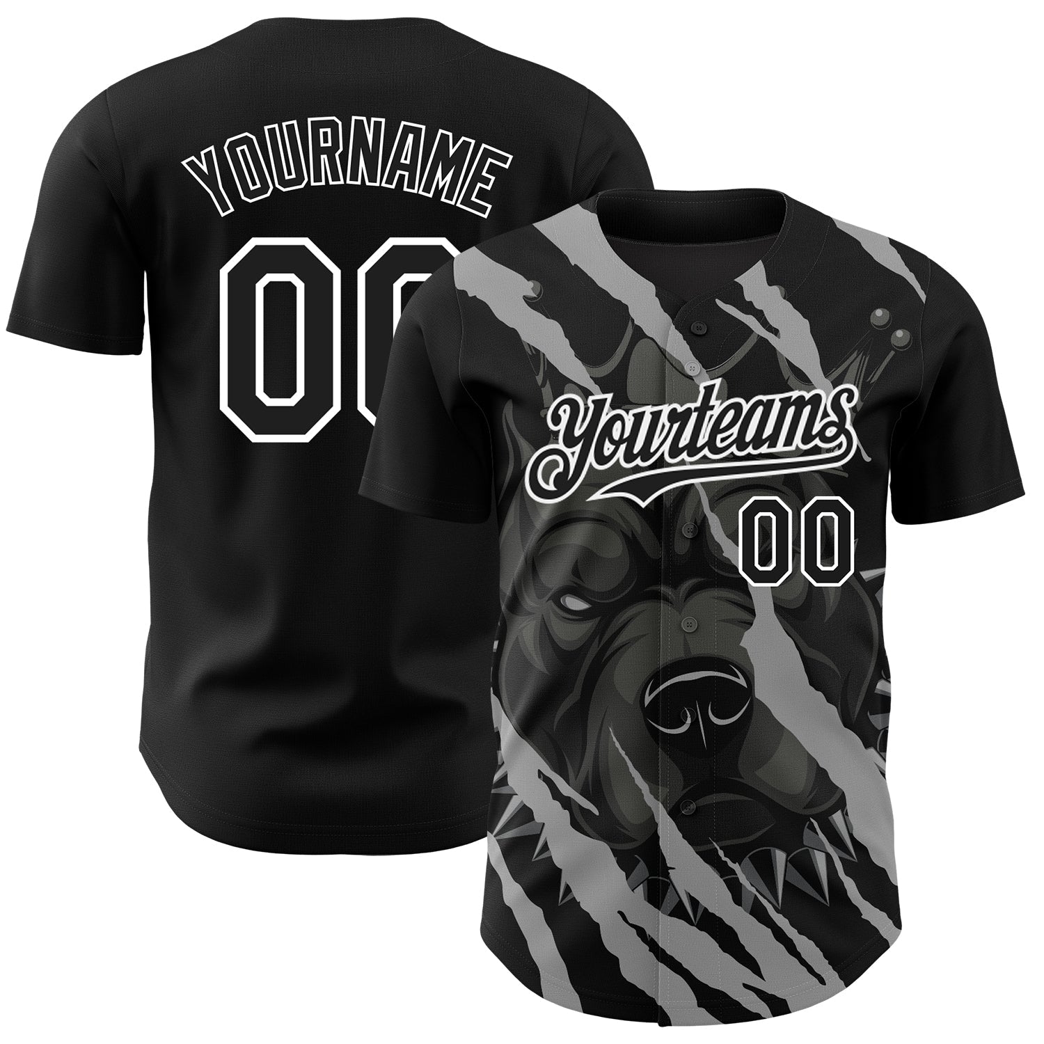 Custom Black White 3D Pattern Design Animal Pitbull Dog Authentic Baseball Jersey - Main View
