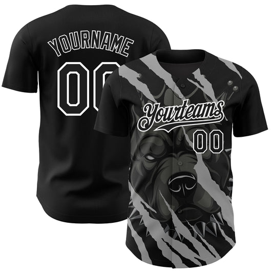 Custom Black White 3D Pattern Design Animal Pitbull Dog Authentic Baseball Jersey - Main View