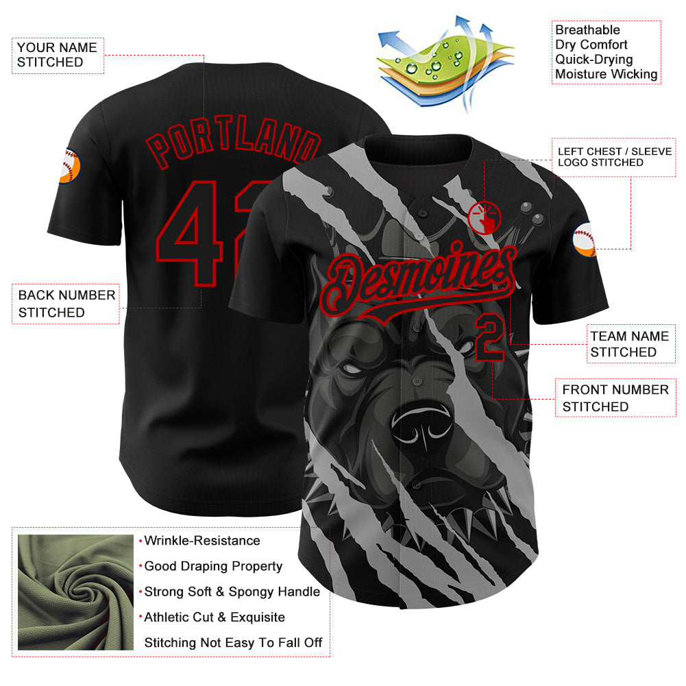 Custom Black Red 3D Pattern Design Animal Pitbull Dog Authentic Baseball Jersey view 3