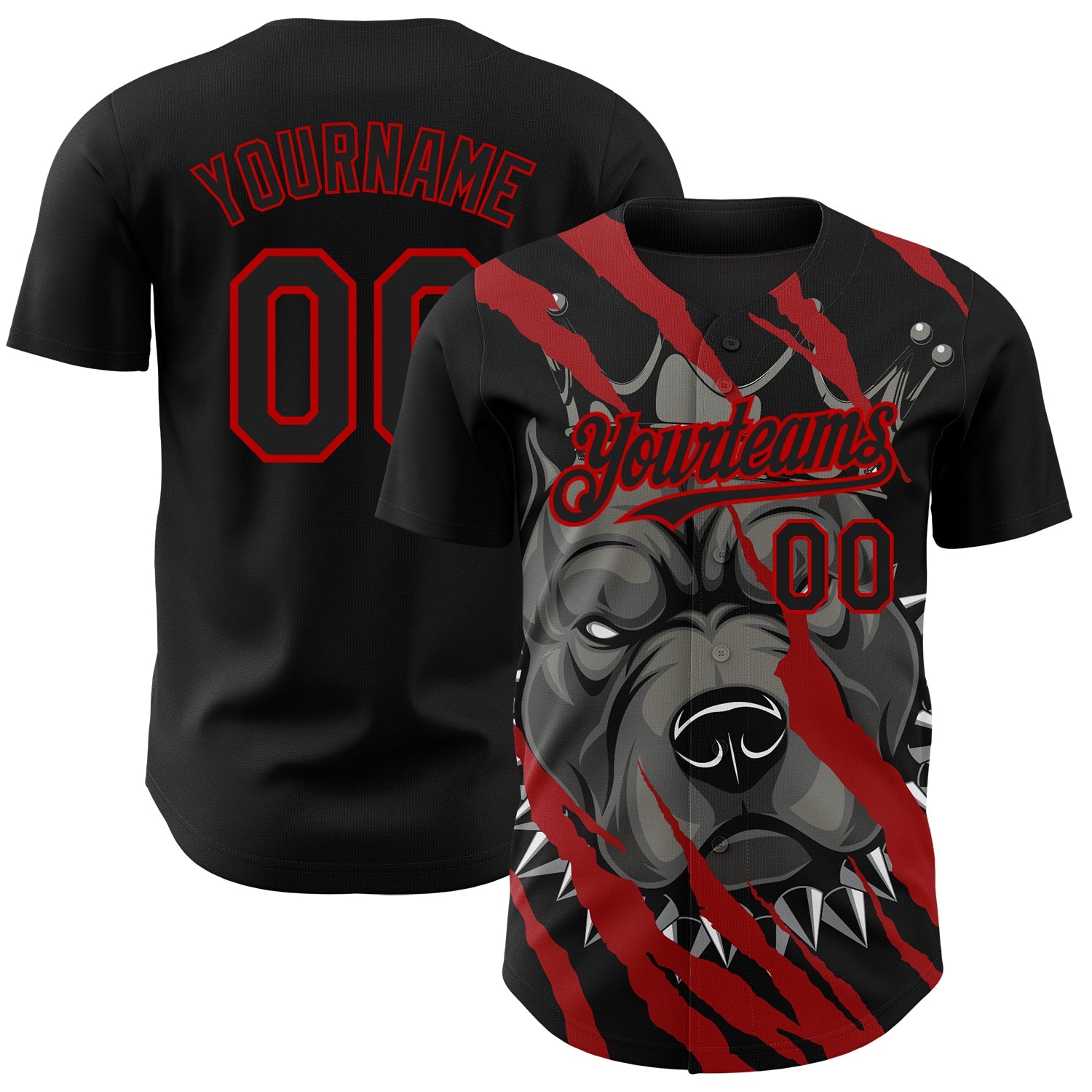 Custom Black Red 3D Pattern Design Animal Pitbull Dog Authentic Baseball Jersey - Main View
