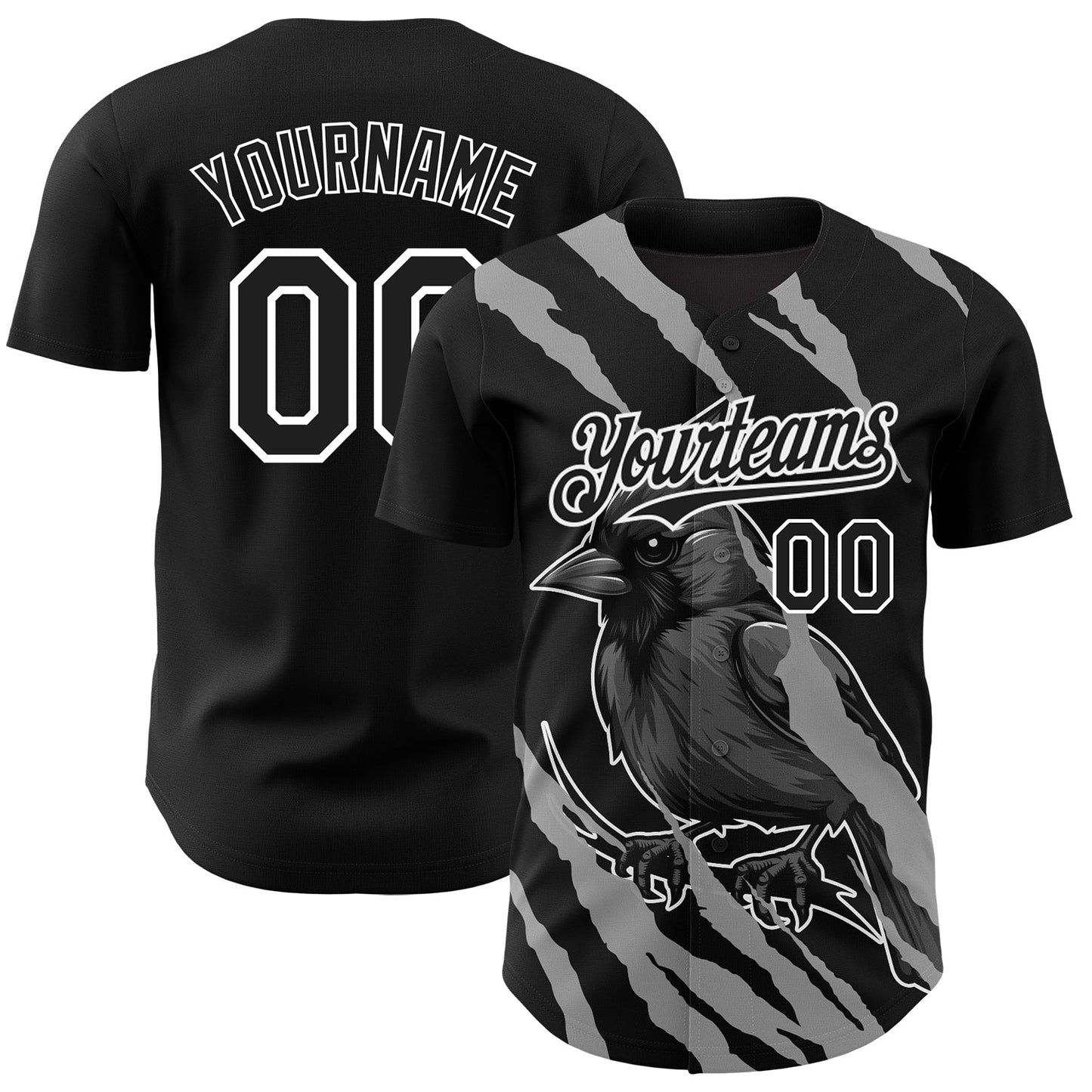 Custom Black White 3D Pattern Design Animal Cardinal Bird Authentic Baseball Jersey - Main View
