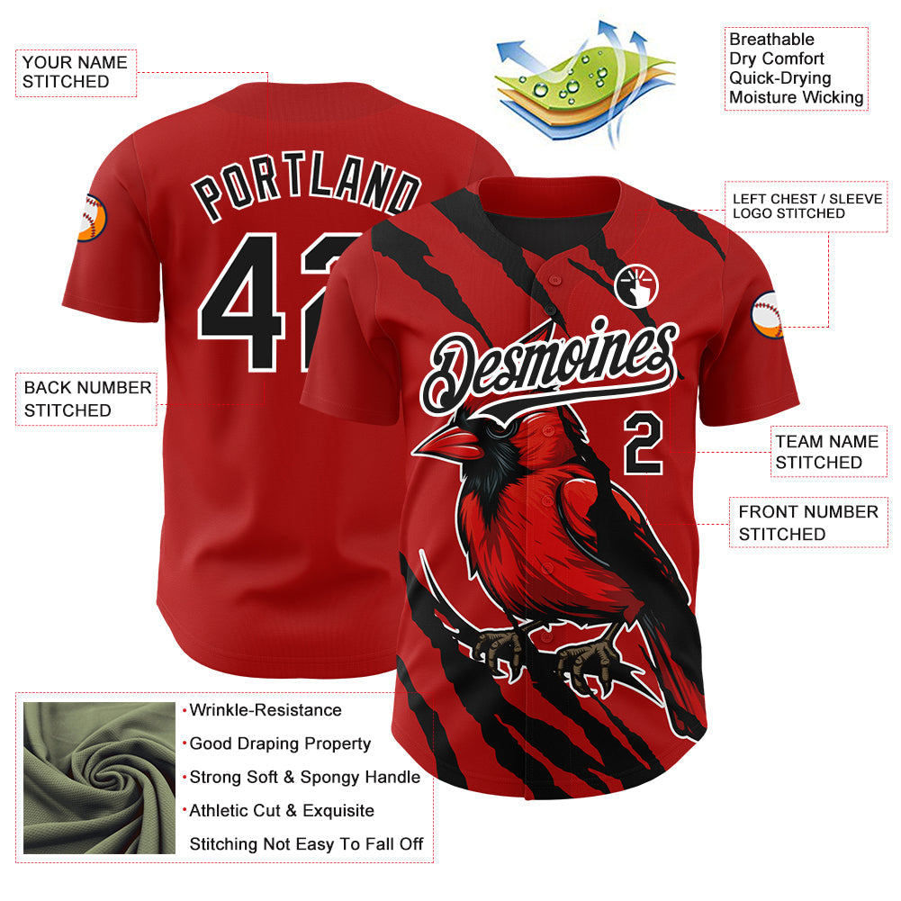 Custom Red Black-White 3D Pattern Design Animal Cardinal Bird Authentic Baseball Jersey view 3