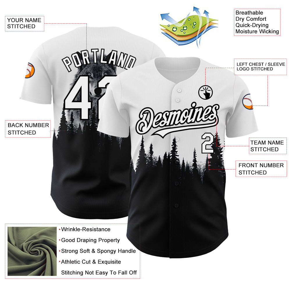 Custom White Black 3D Pattern Design Animal Wolf Authentic Baseball Jersey view 3