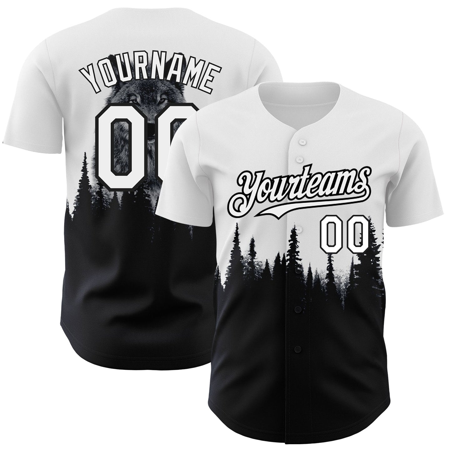 Custom White Black 3D Pattern Design Animal Wolf Authentic Baseball Jersey - Main View