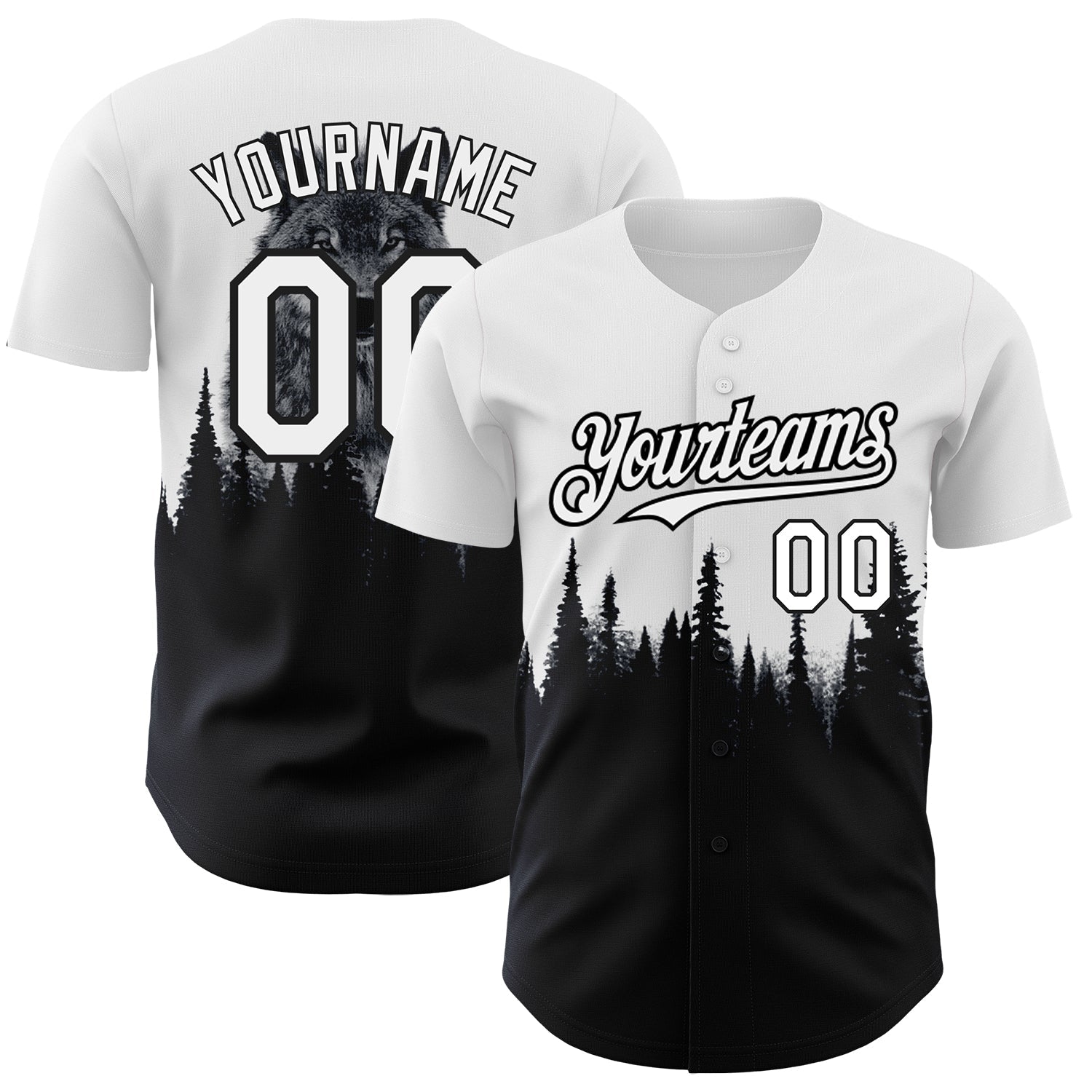 Custom White Black 3D Pattern Design Animal Wolf Authentic Baseball Jersey - Main View