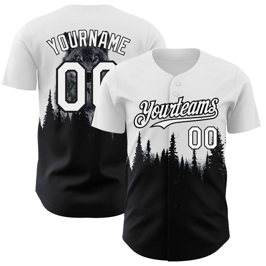 Custom White Black 3D Pattern Design Animal Wolf Authentic Baseball Jersey - Main View