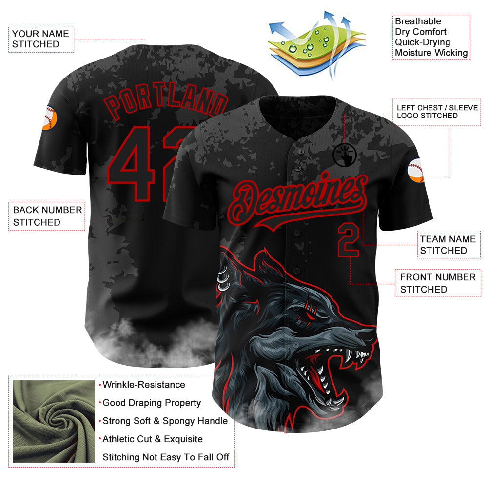 Custom Black Red 3D Pattern Design Animal Wolf Authentic Baseball Jersey view 3