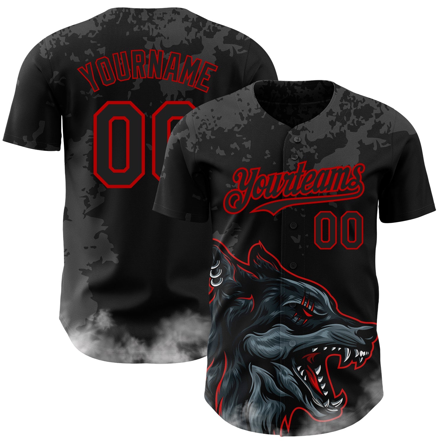 Custom Black Red 3D Pattern Design Animal Wolf Authentic Baseball Jersey - Main View