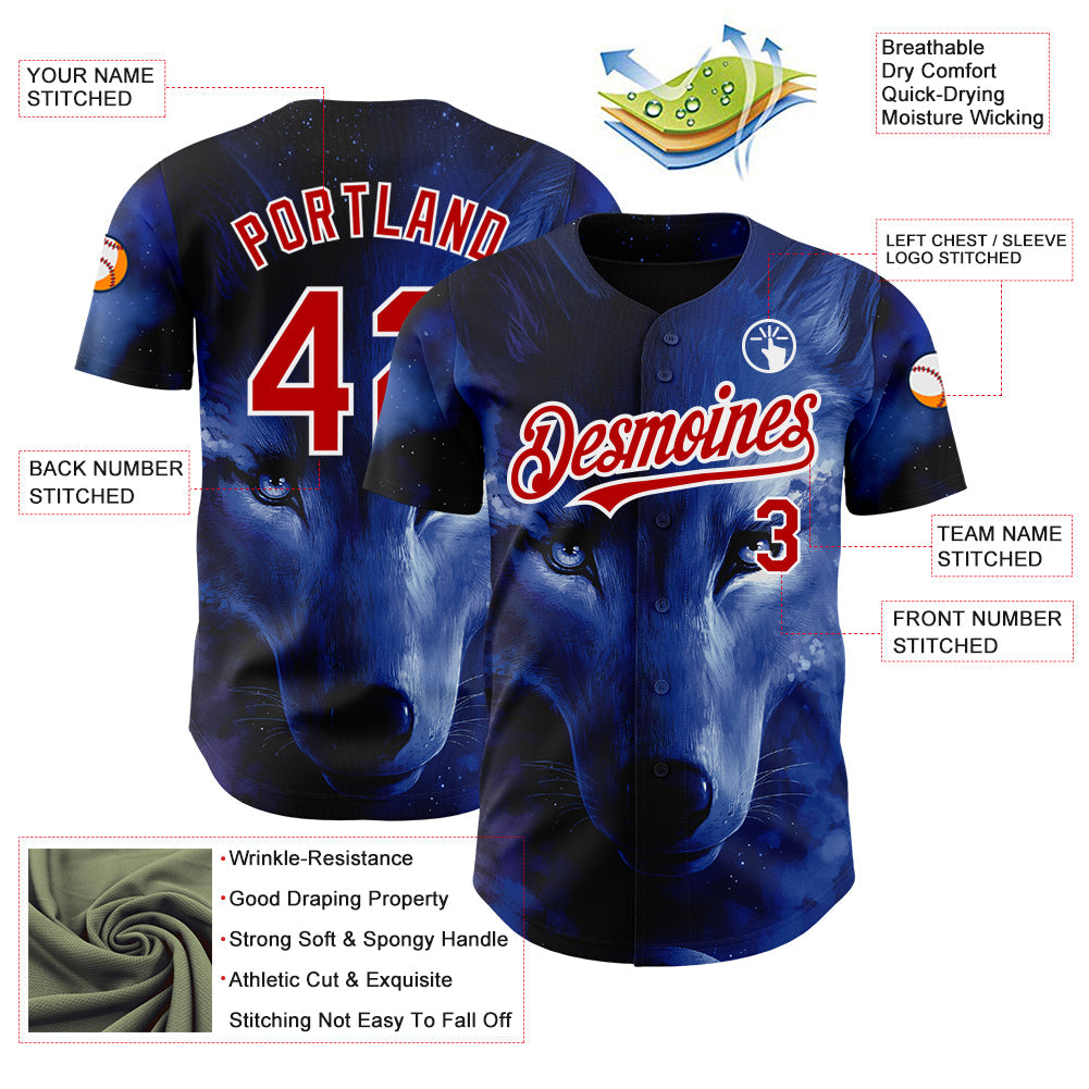 Custom Black Red-White 3D Pattern Design Animal Wolf Authentic Baseball Jersey view 3