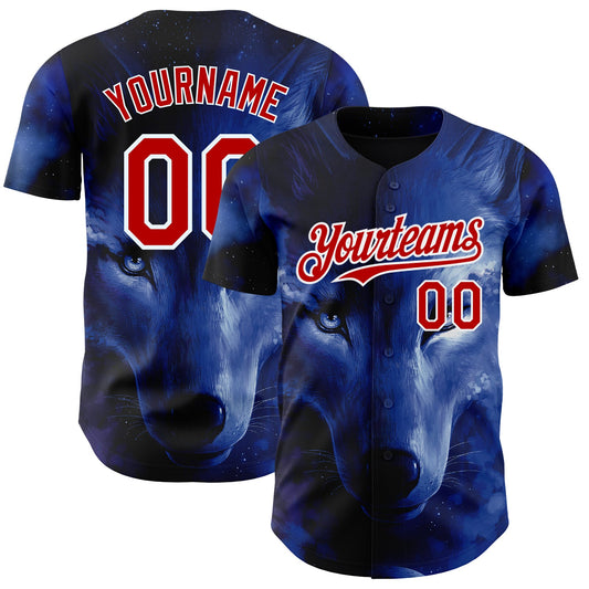 Custom Black Red-White 3D Pattern Design Animal Wolf Authentic Baseball Jersey - Main View
