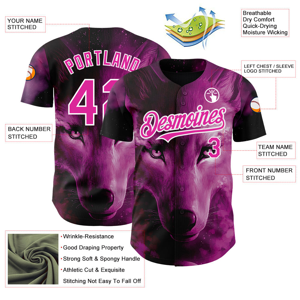 Custom Pink White 3D Pattern Design Animal Wolf Authentic Baseball Jersey view 3
