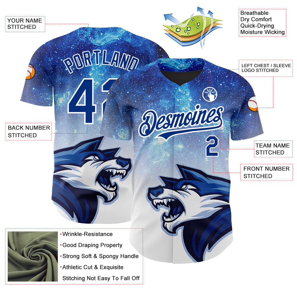 Custom Royal White 3D Pattern Design Animal Wolf Authentic Baseball Jersey view 3