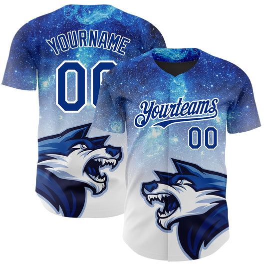 Custom Royal White 3D Pattern Design Animal Wolf Authentic Baseball Jersey - Main View