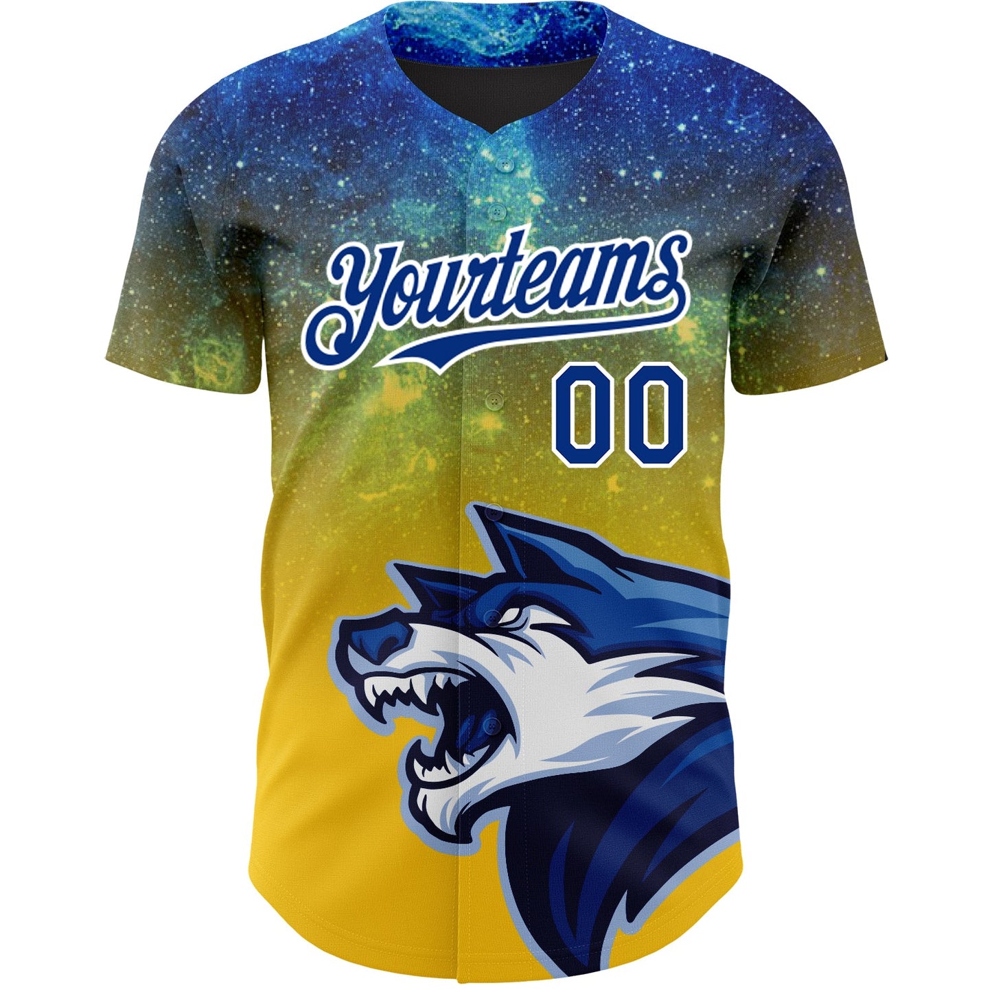 Custom Yellow Royal-White 3D Pattern Design Animal Wolf Authentic Baseball Jersey view 2