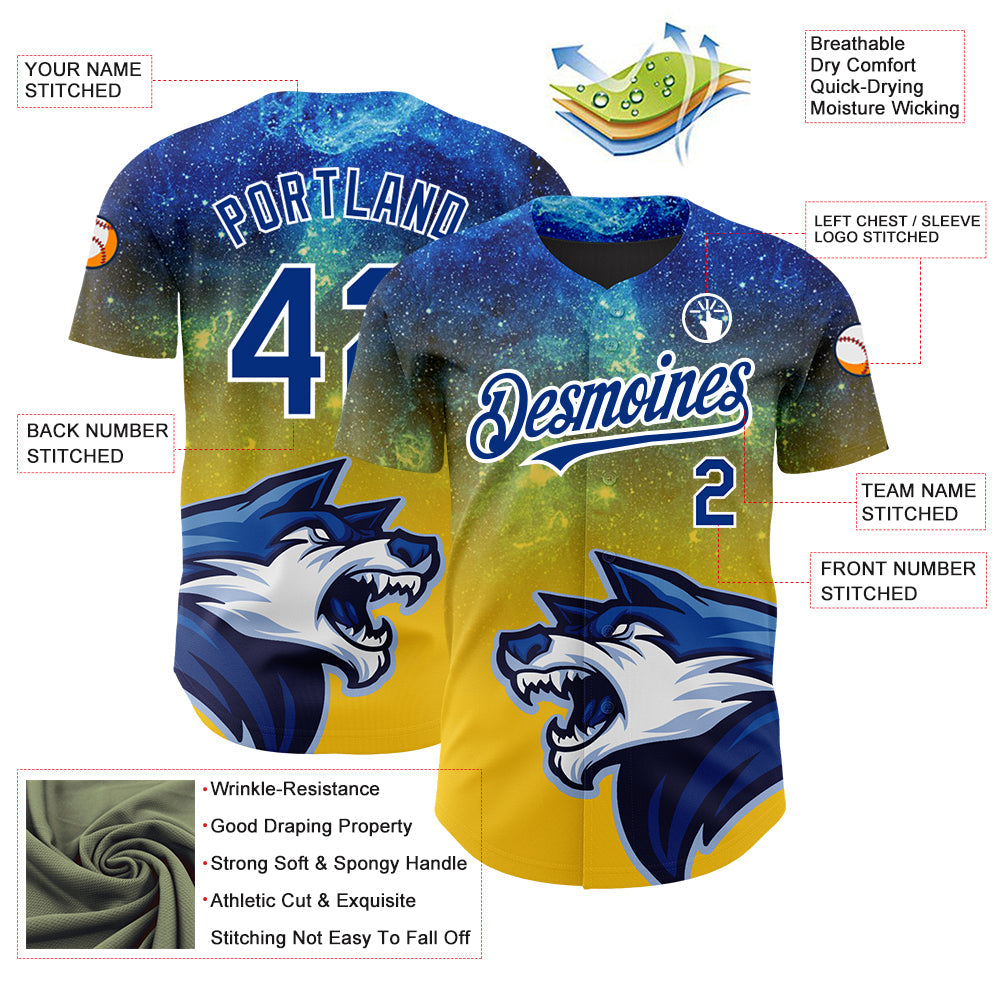 Custom Yellow Royal-White 3D Pattern Design Animal Wolf Authentic Baseball Jersey view 3