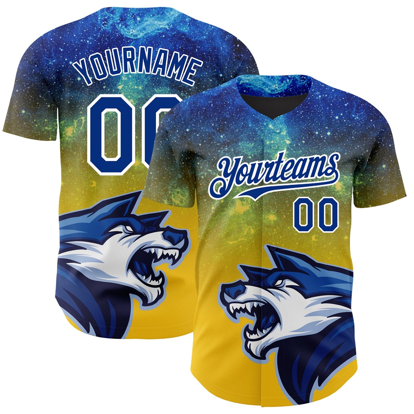 Custom Yellow Royal-White 3D Pattern Design Animal Wolf Authentic Baseball Jersey - Main View