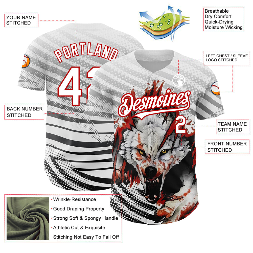 Custom White Red 3D Pattern Design Animal Wolf Authentic Baseball Jersey view 3