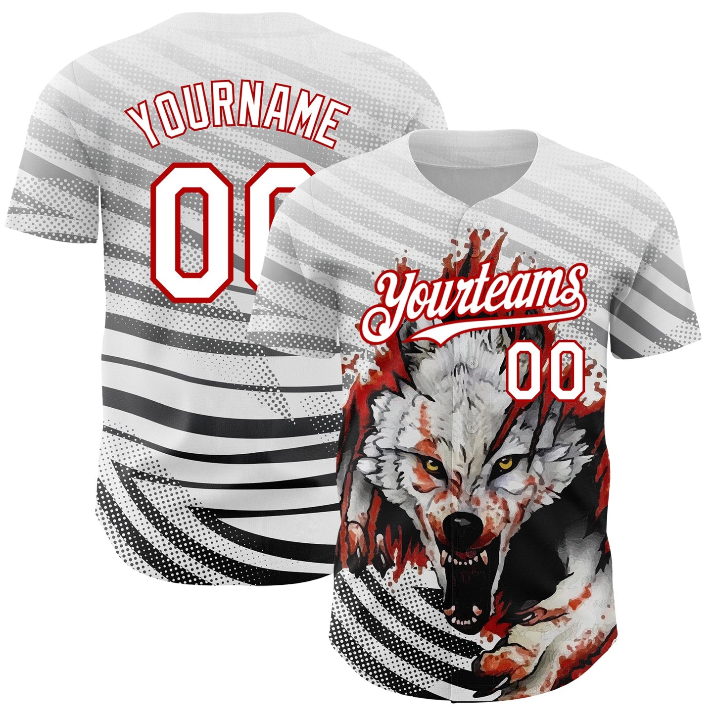 Custom White Red 3D Pattern Design Animal Wolf Authentic Baseball Jersey - Main View