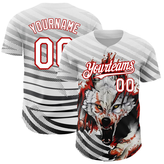 Custom White Red 3D Pattern Design Animal Wolf Authentic Baseball Jersey - Main View