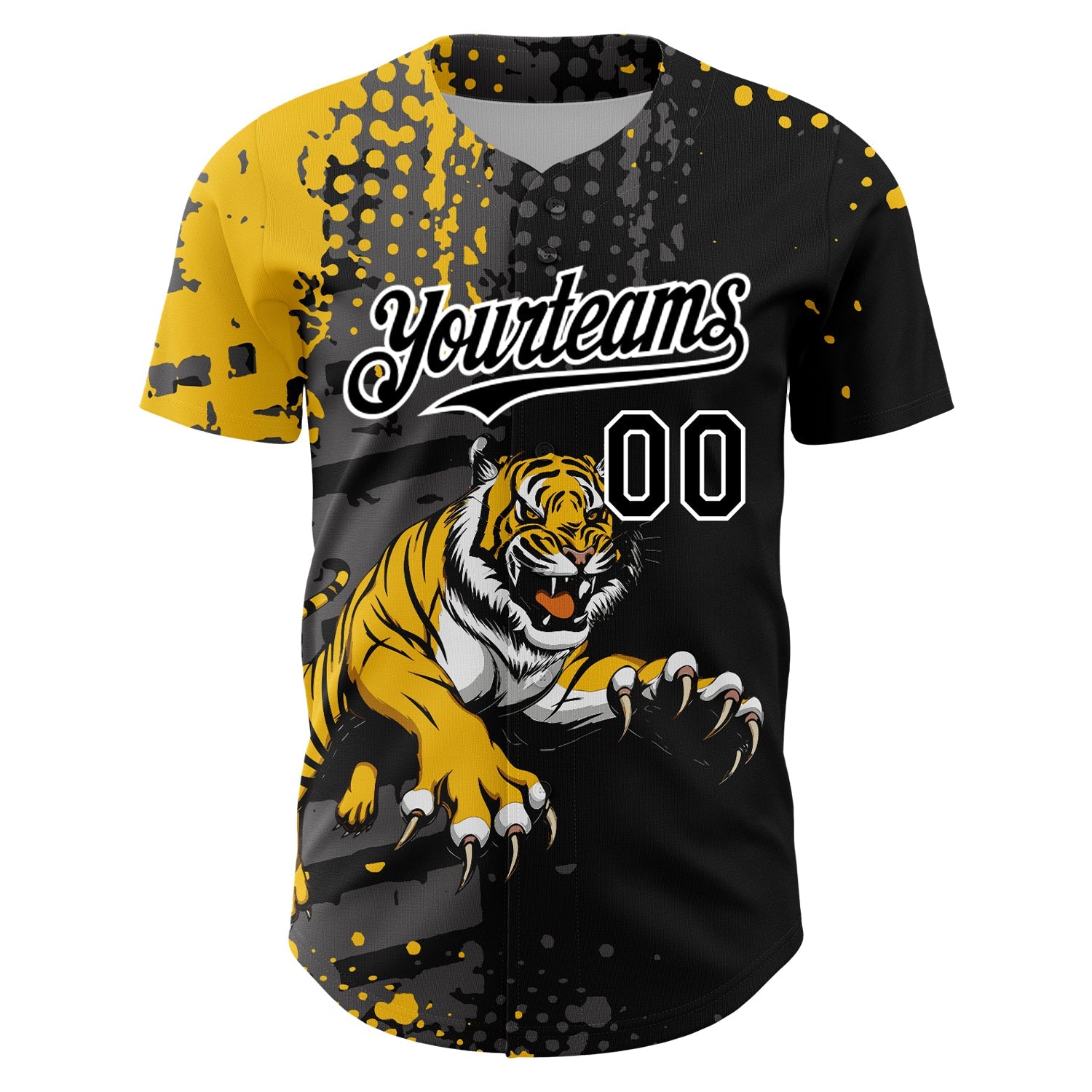 Custom Black Yellow-White 3D Pattern Design Animal Tiger Authentic Baseball Jersey view 2