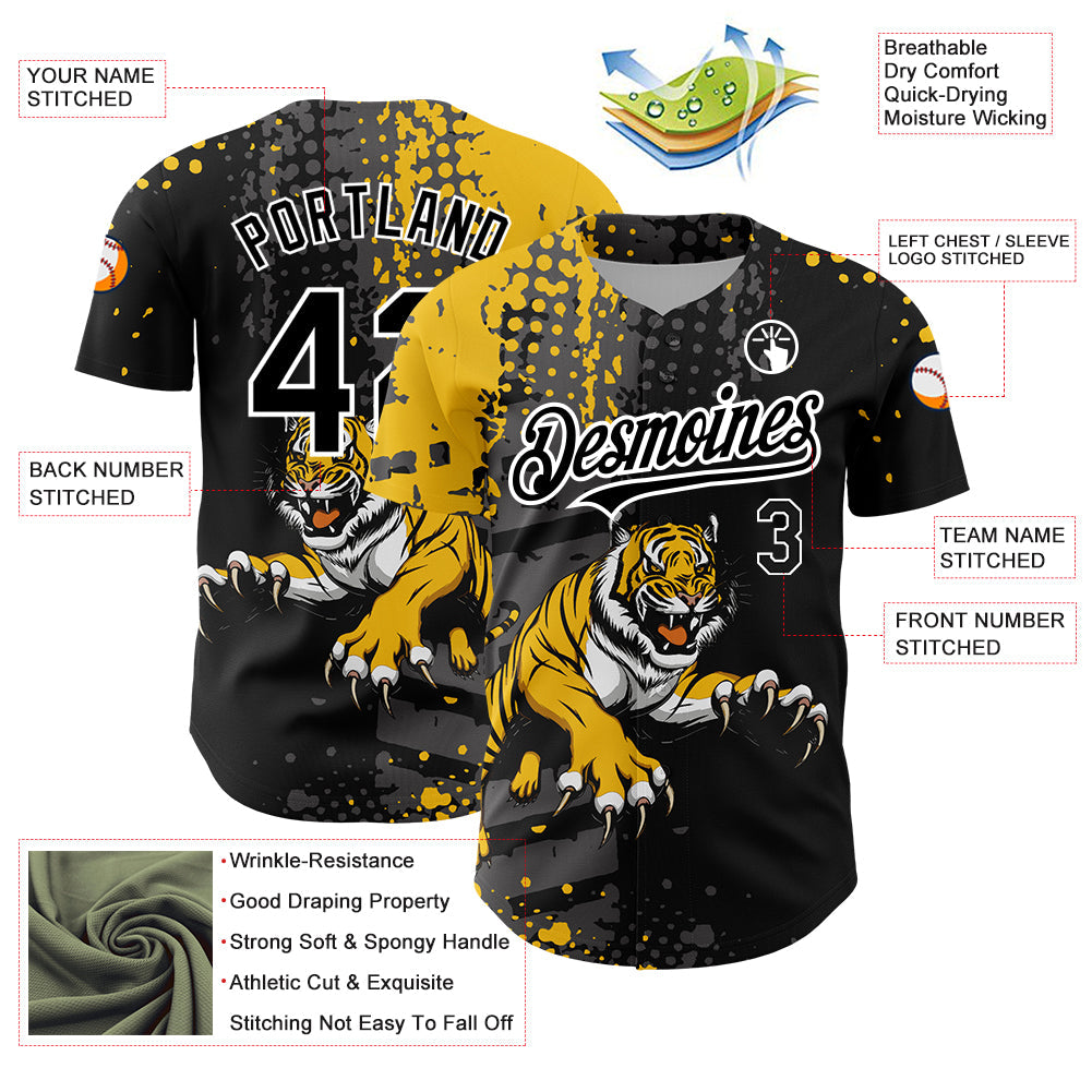 Custom Black Yellow-White 3D Pattern Design Animal Tiger Authentic Baseball Jersey view 3