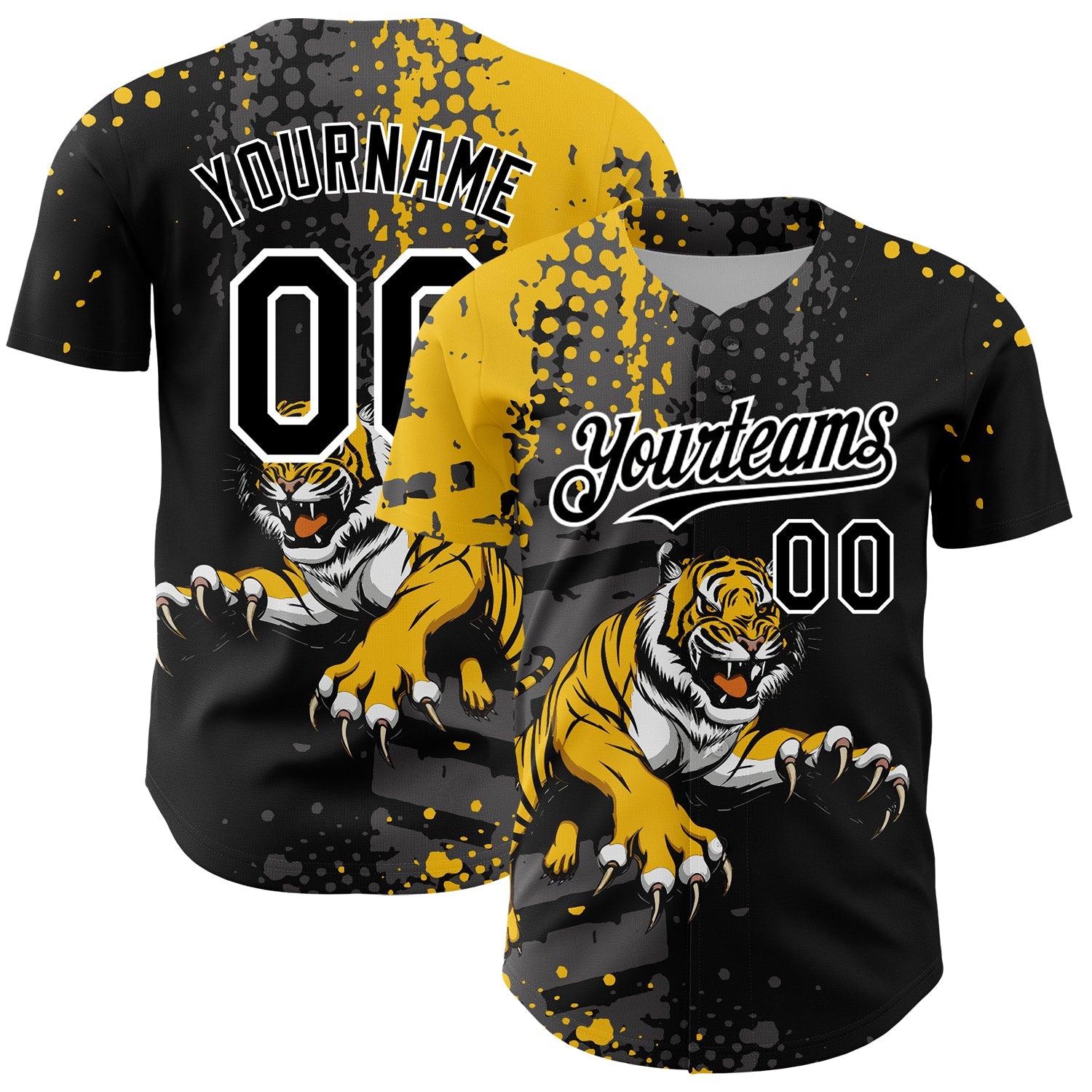 Custom Black Yellow-White 3D Pattern Design Animal Tiger Authentic Baseball Jersey - Main View