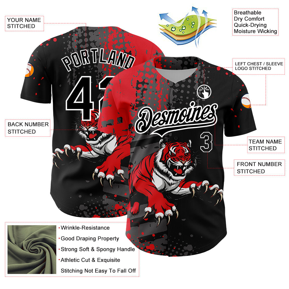 Custom Black Red-White 3D Pattern Design Animal Tiger Authentic Baseball Jersey view 3