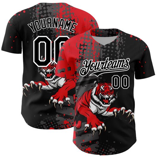 Custom Black Red-White 3D Pattern Design Animal Tiger Authentic Baseball Jersey - Main View
