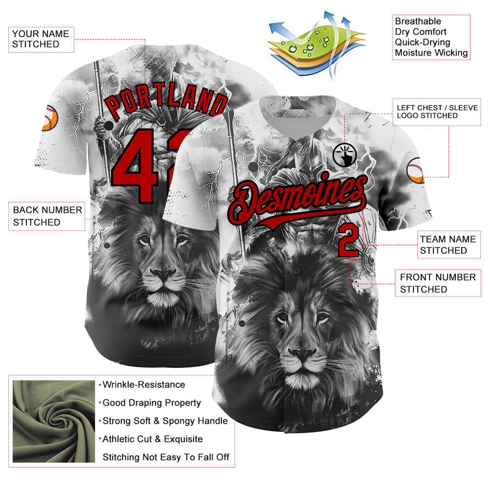 Custom White Red-Black 3D Pattern Design Animal Lion Authentic Baseball Jersey view 3