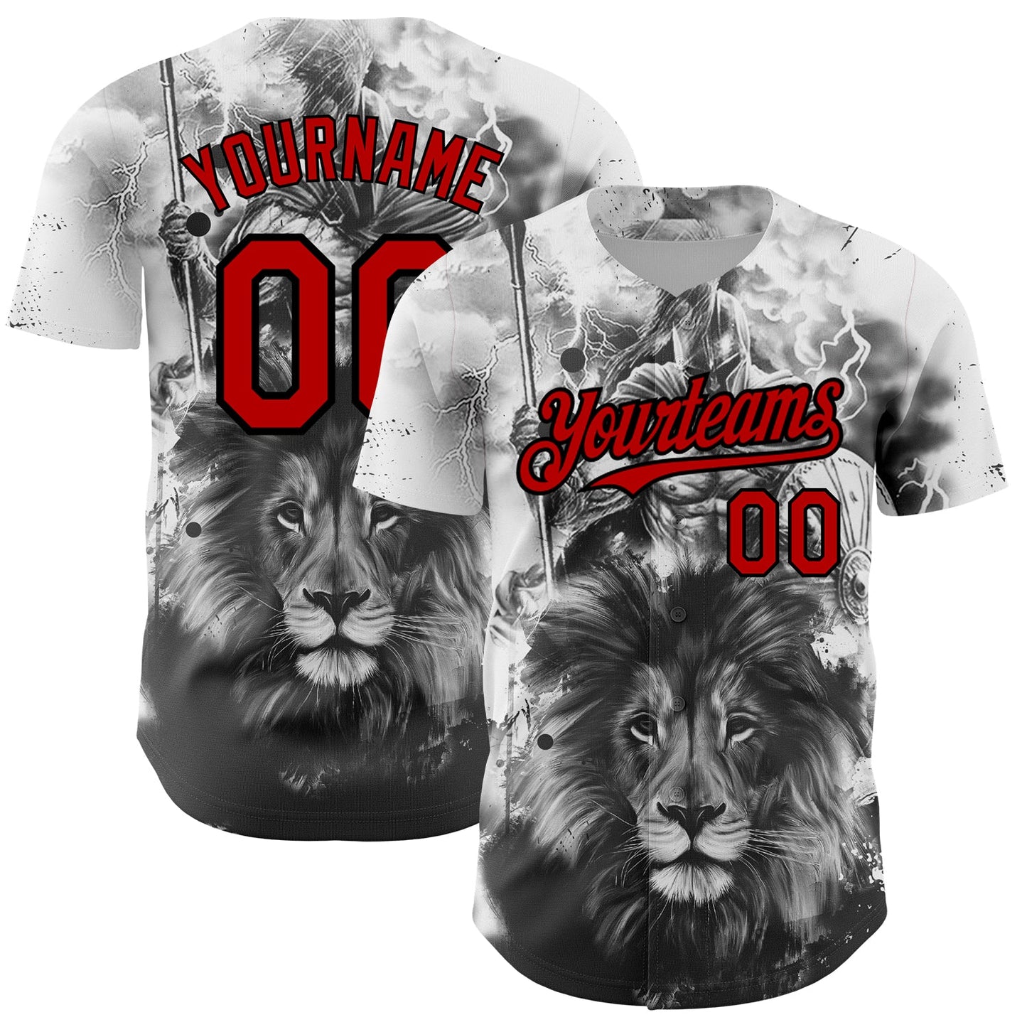 Custom White Red-Black 3D Pattern Design Animal Lion Authentic Baseball Jersey - Main View