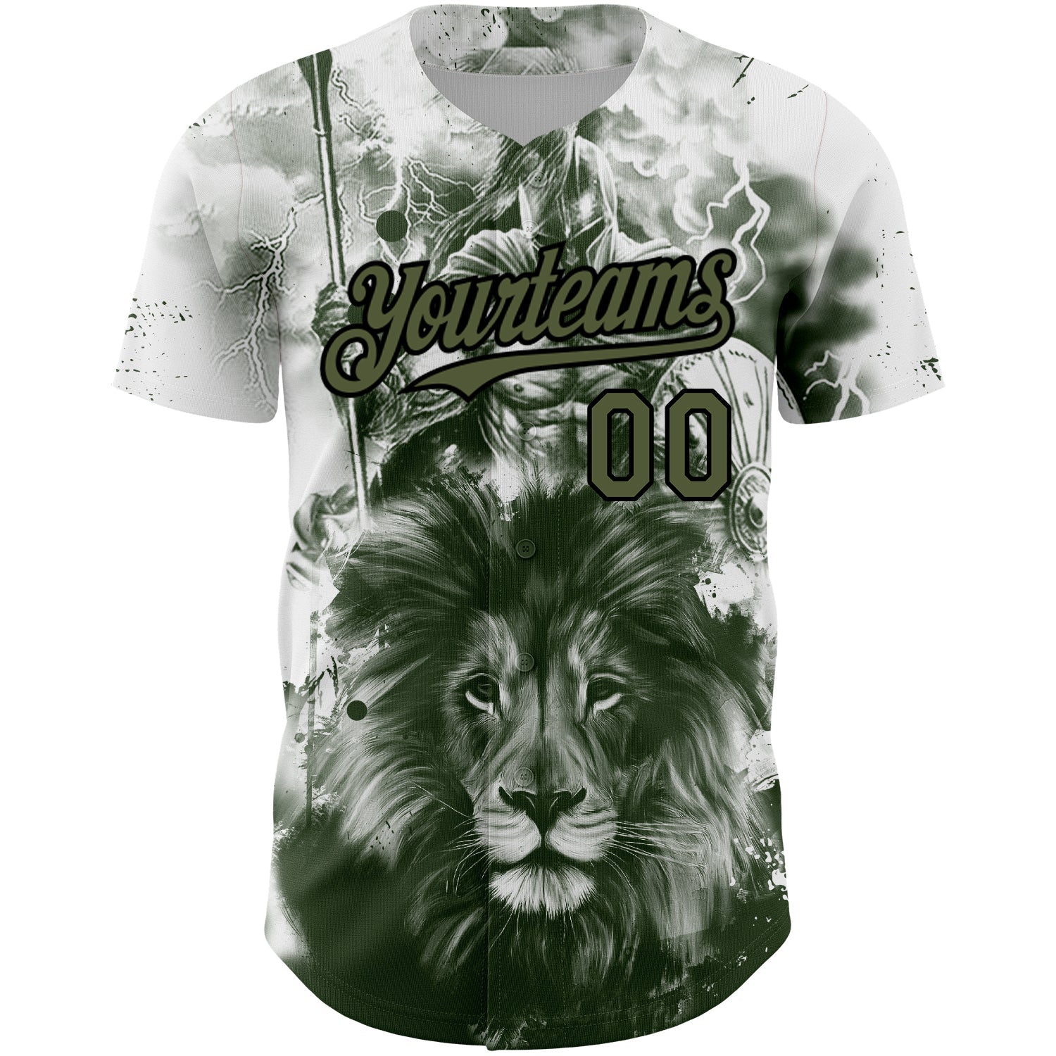 Custom White Olive-Black 3D Pattern Design Animal Lion Authentic Baseball Jersey view 2