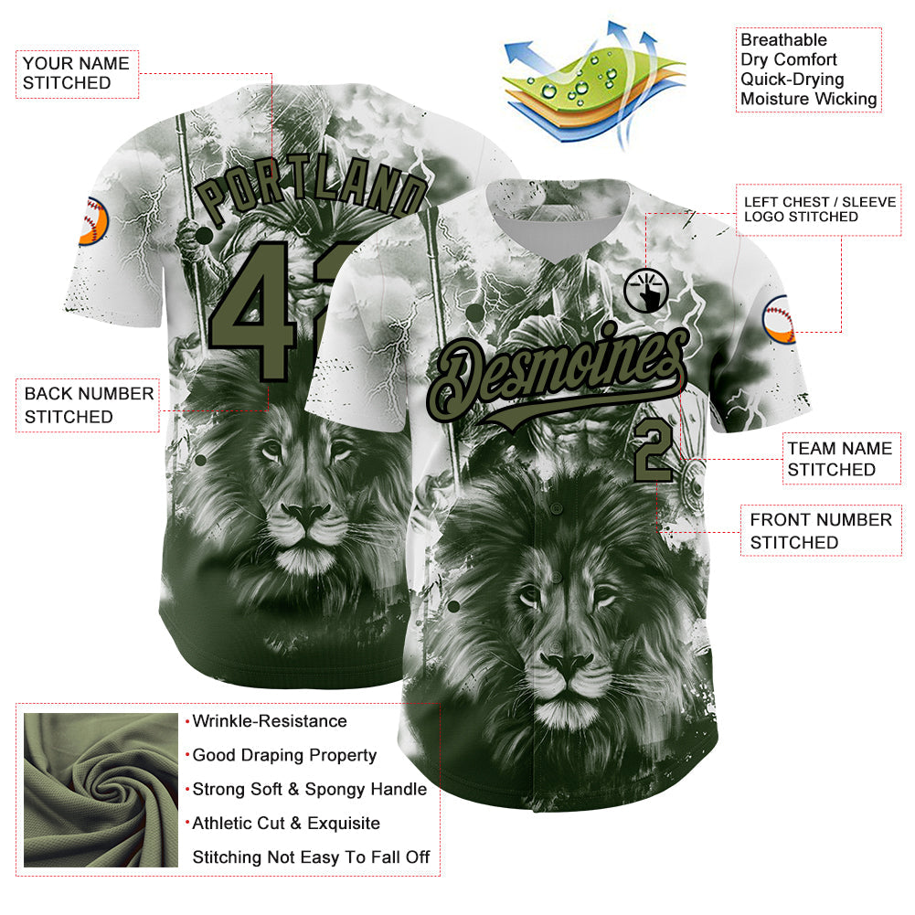 Custom White Olive-Black 3D Pattern Design Animal Lion Authentic Baseball Jersey view 3