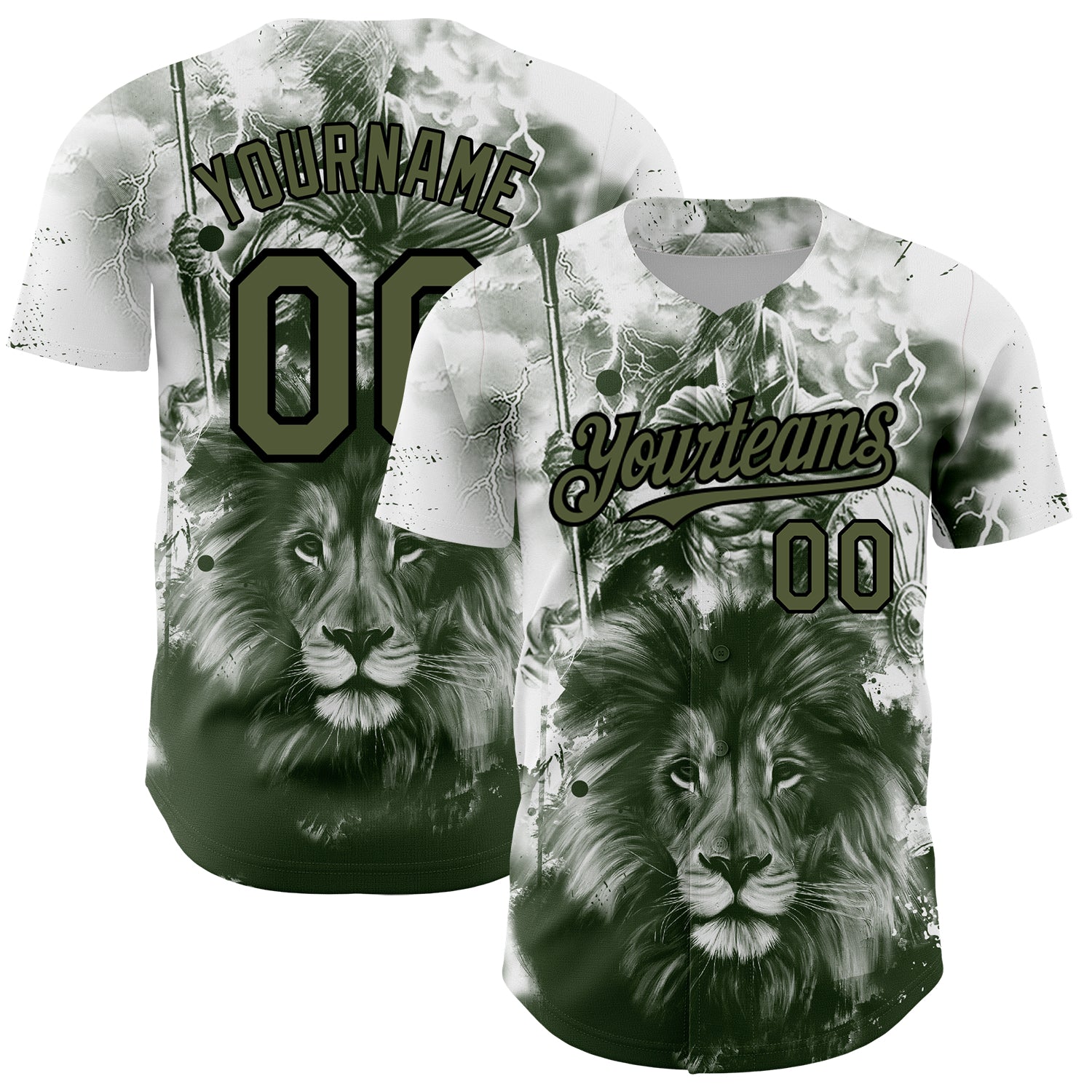 Custom White Olive-Black 3D Pattern Design Animal Lion Authentic Baseball Jersey - Main View