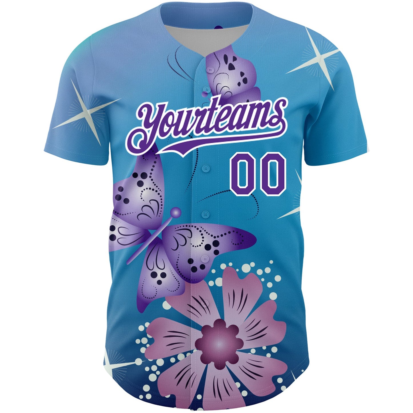 Custom Light Blue Purple-White 3D Pattern Design Animal Butterfly And Flower Authentic Baseball Jersey view 2