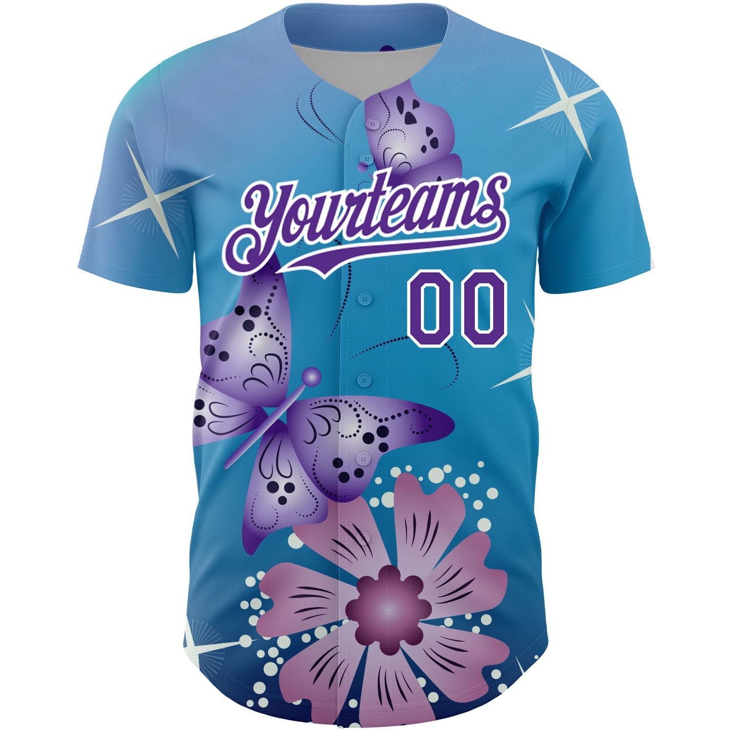 Custom Light Blue Purple-White 3D Pattern Design Animal Butterfly And Flower Authentic Baseball Jersey view 2