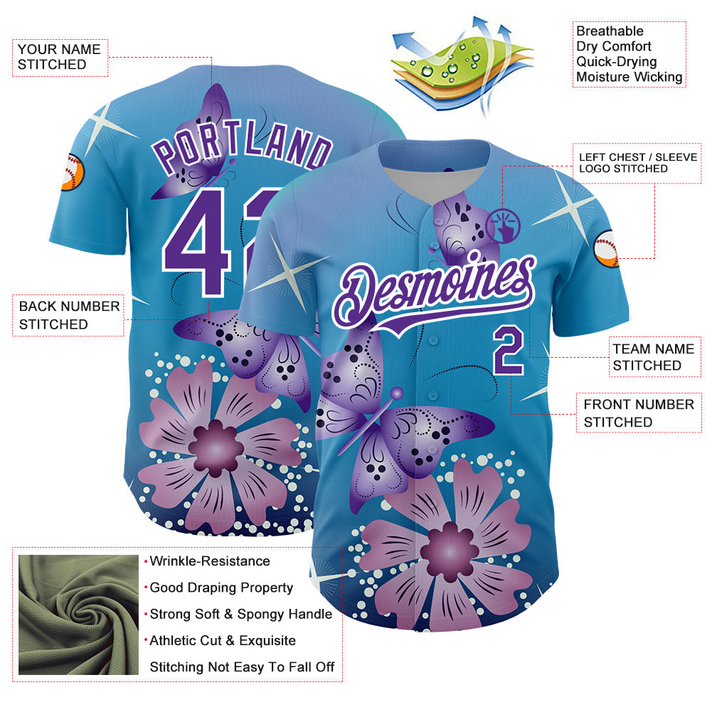 Custom Light Blue Purple-White 3D Pattern Design Animal Butterfly And Flower Authentic Baseball Jersey view 3